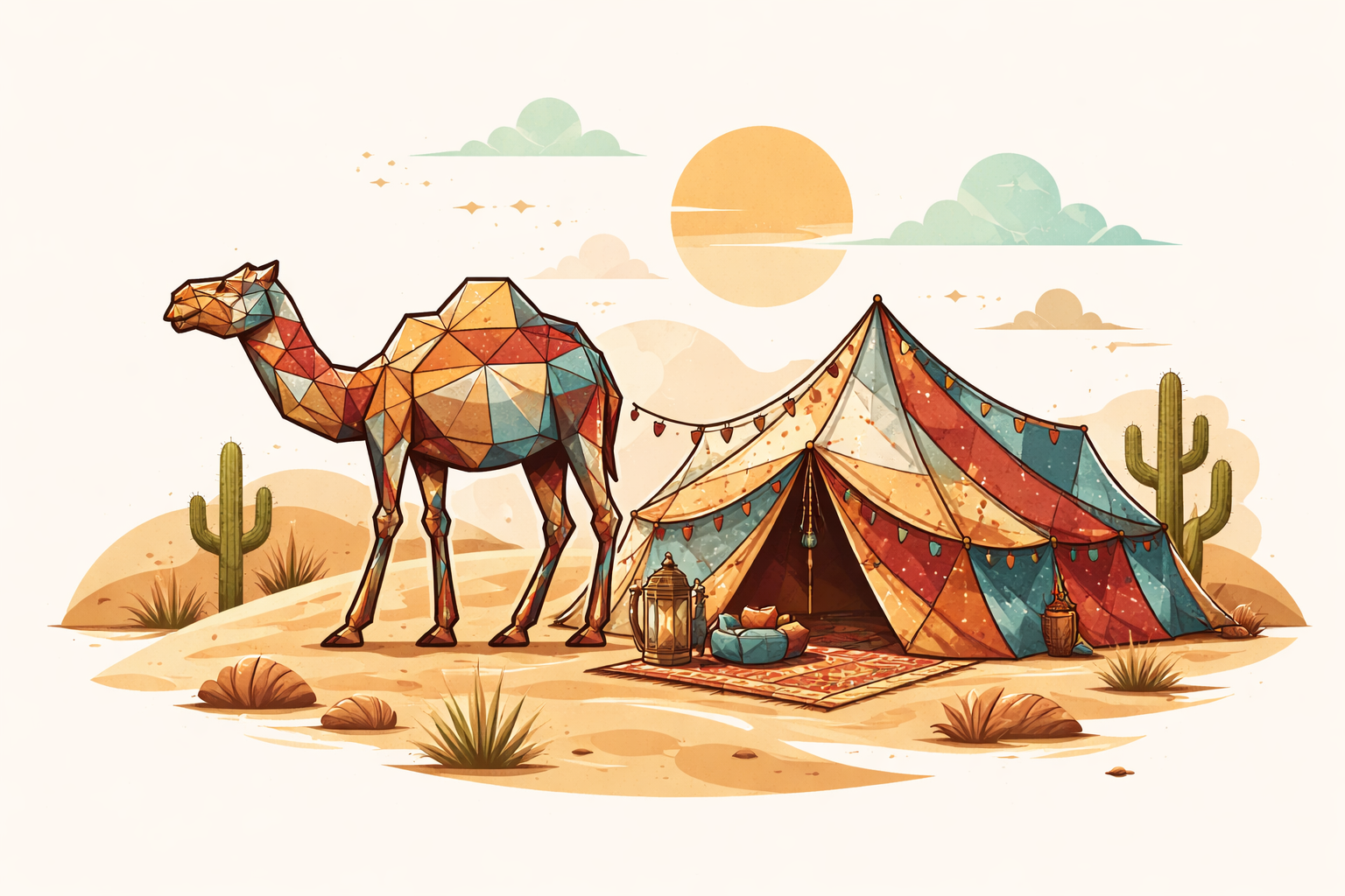 جمل هندسي وخيمة عربية في الصحراء